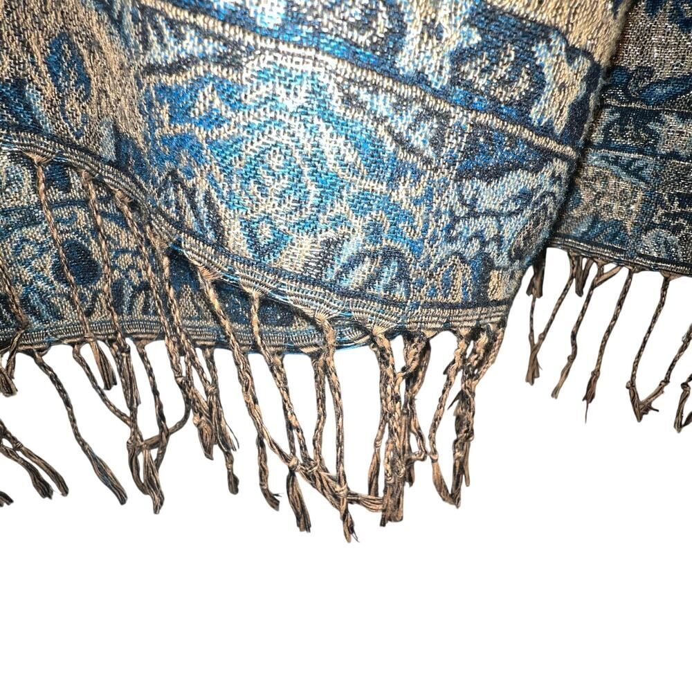Paisley metallic blue, gold fringe‎ shawl scarf, sarong bohemian GypsyGoth - Picture 10 of 15
